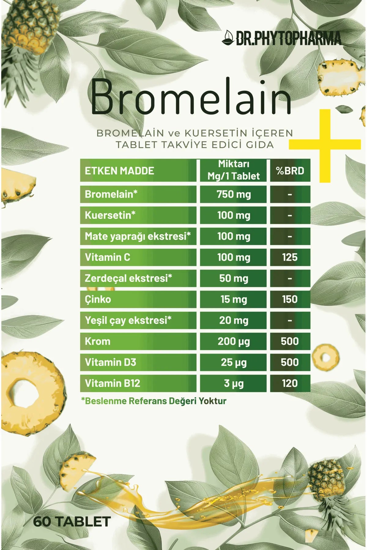 Dr Phytopharma Bromelain, Kuersetin, Vitamin C, Vitamin D, Vitamin B12, Mate, Çinko, Krom Içeren Takviye 60 Tablet