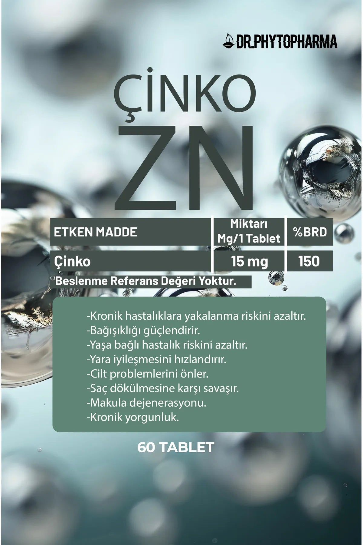 Dr Phytopharma Çinko İçeren Tablet Takviye Edici Gıda 500mg 60 Tablet