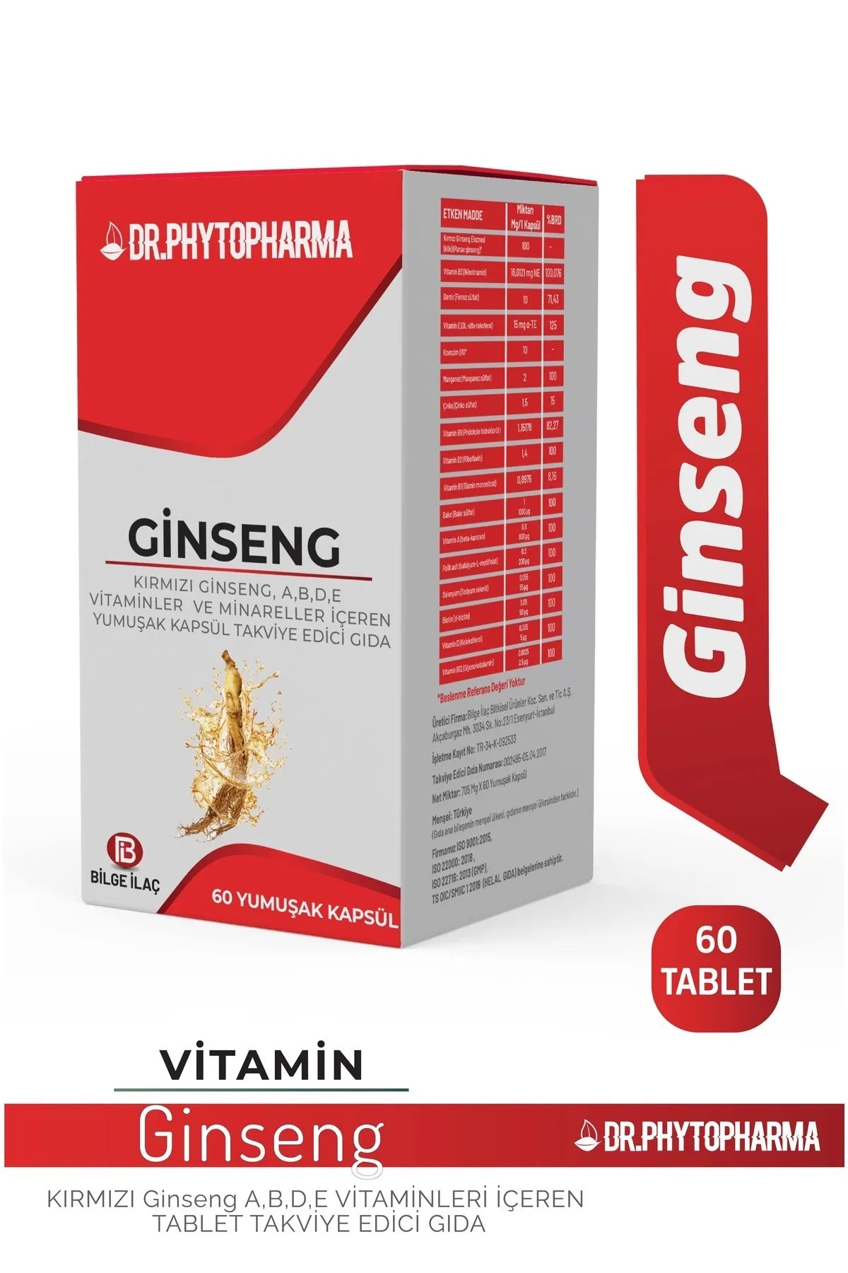 Dr Phytopharma Kırmızı Ginseng, A,B,D,E Vitaminler ve Mineraller İçeren Kapsül Takviye Edici Gıda 705mg x 60 Kapsül