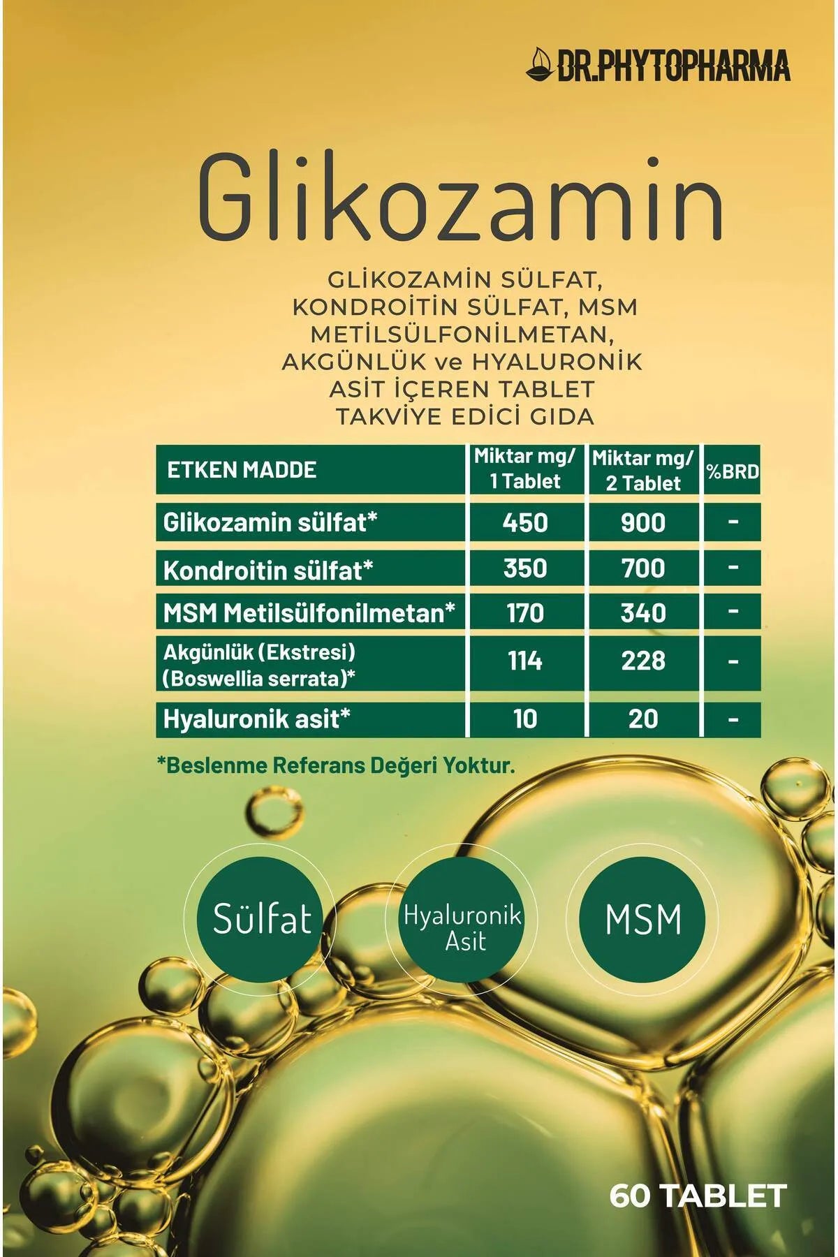 Dr Phytopharma Glukozamin, Kondroitin, MSM, Hyaluronik Asit ve Akgünlük Ekstresi İçeren 60Tablet Takviye Edici Gıda