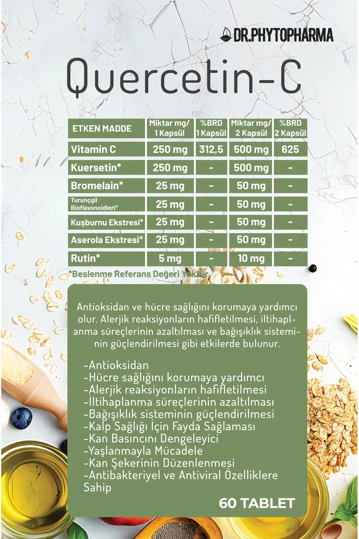 Dr Phytopharma Quercetin, Vitamin C, Bromelain ve Rutin içeren 60 Kapsül Takviye Edici Gıda