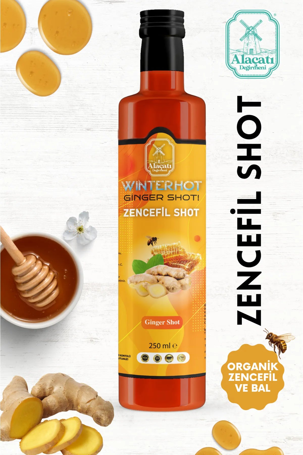 Alaçatı Değirmeni Ginger shot, Zencefil, Zerdeçal, Karanfil, Bal, Nane Özü, Hibiskus, Kara Mürver, C Vit 250ml İçecek