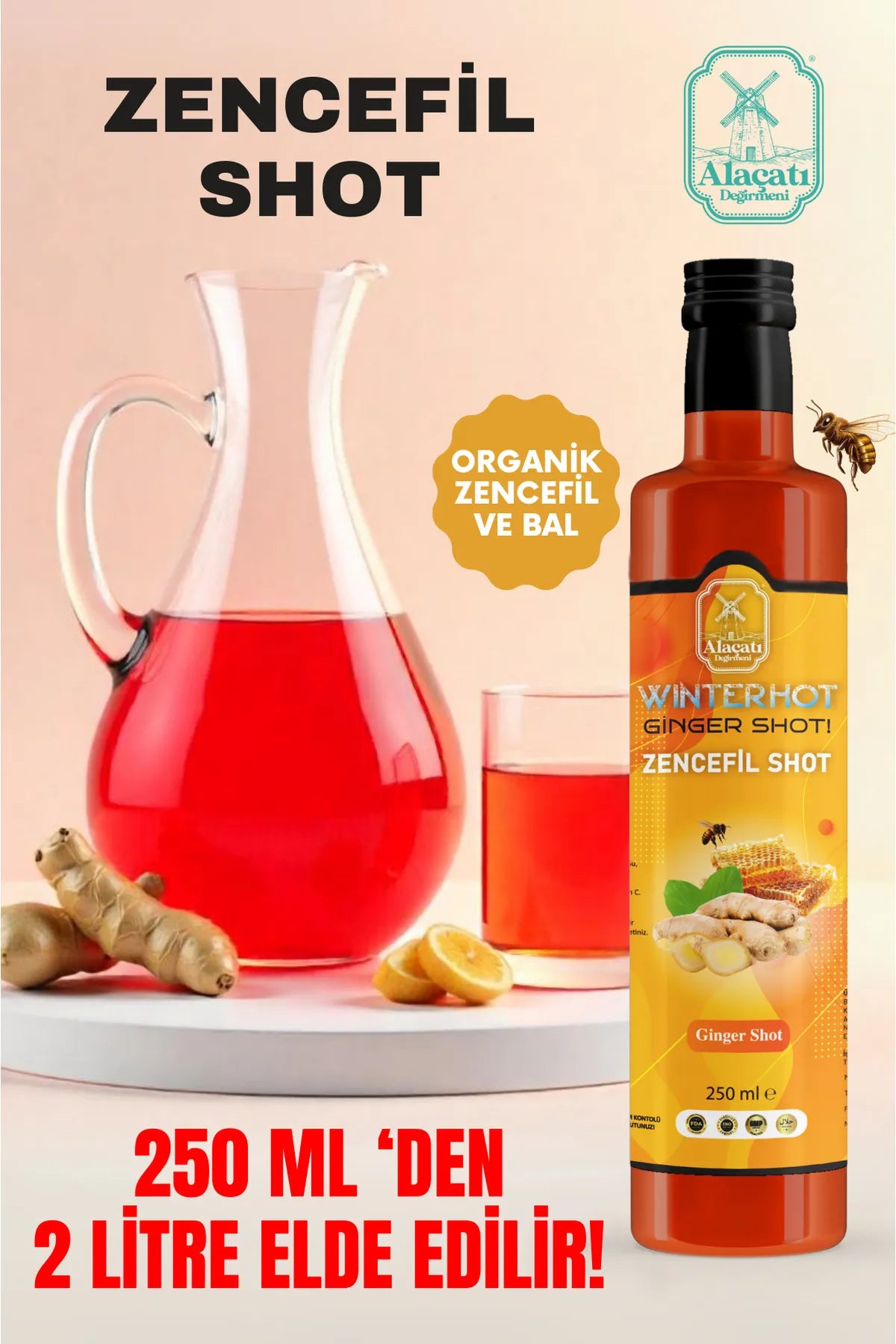 Alaçatı Değirmeni Ginger shot, Zencefil, Zerdeçal, Karanfil, Bal, Nane Özü, Hibiskus, Kara Mürver, C Vit 250ml İçecek